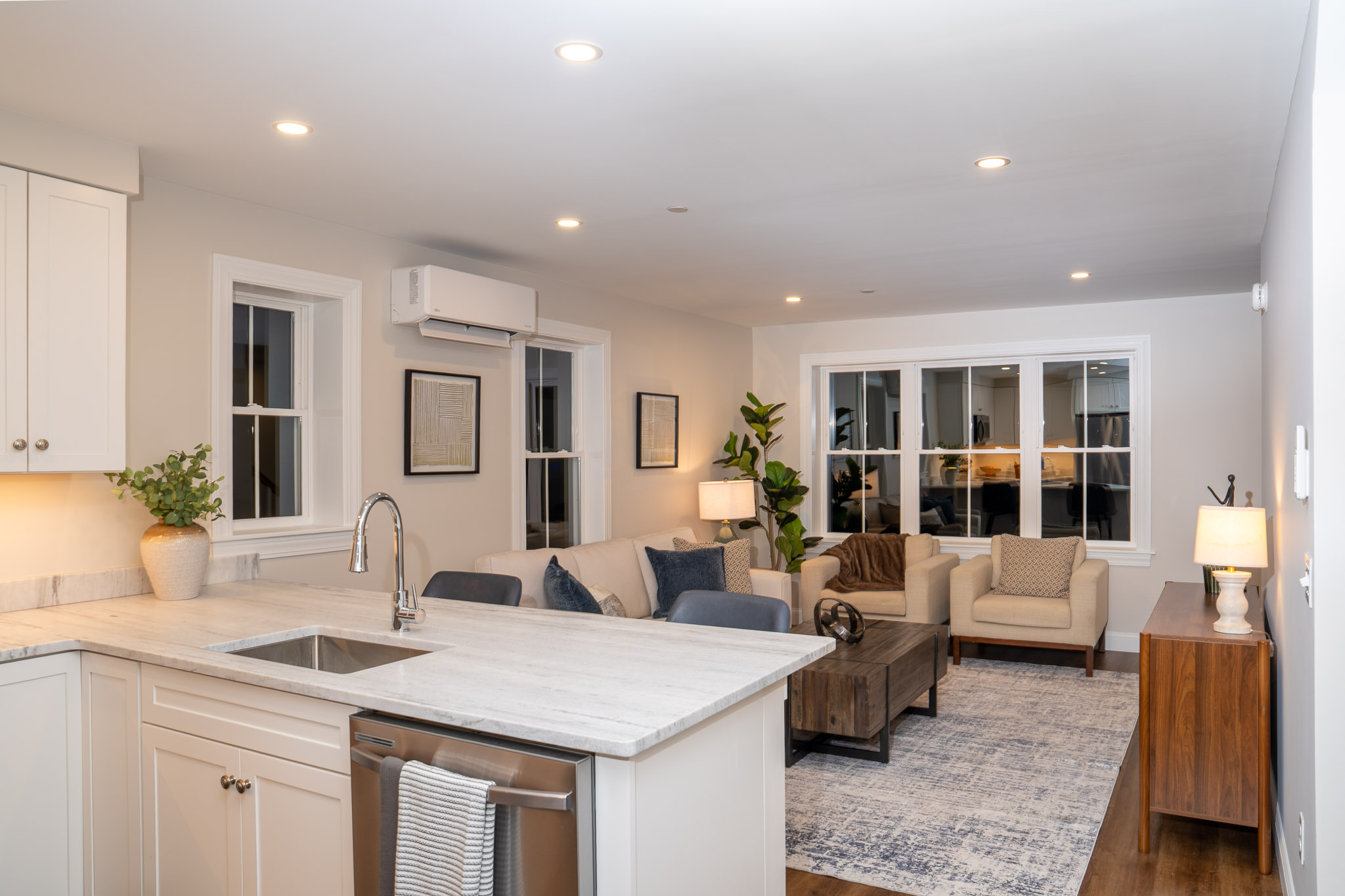 Warm staged townhome interior photographed for Scittery Woods by LeporeMedia